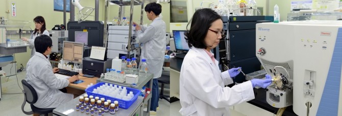 김숙현 KRISS 선임연구원팀이 배추분말 중 유해원소를 원소 측정용 질량분석기로 분석하고 있다(왼쪽). 안성희 KRISS 책임연구원이 배추 분말 중 잔류농약을 유기물 측정용 질량분석기로 분석 중이다. - 한국표준과학연구원(KRISS) 제공